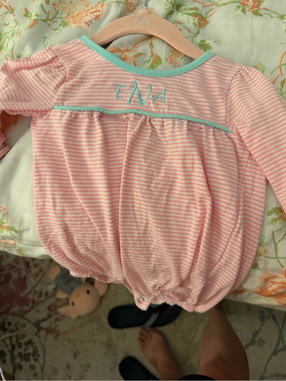 Baby Girls' Pink Striped Bubble with Aqua Trim Monogram ENA